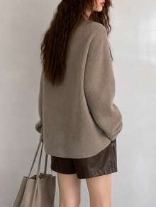 Women's Autumn/Winter Casual Elegant Minimalist Slimming Vertical Textured Crew Neck Pullover Sweater Fall - Camel - View 2