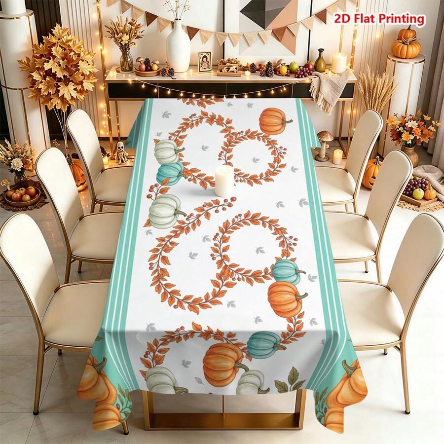 1/2pcs Autumn Tablecloth, Autumn Pumpkin Vine Pattern Polyester Fiber Tablecloth Suitable For Dining Room, Dining Table, Coffee Table, Kitchen, Picnic, Camping, Country Farmhouse Decor, Tabletop Protection And Holiday Atmosphere Creation, Multi-Scenario Universal Home Decor Fabric - Multicolor - View 1