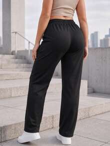 Women's Casual Straight Leg Pants With Elastic Drawstring Waist And Front Pockets, Relaxed Everyday Trousers - Black - View 5