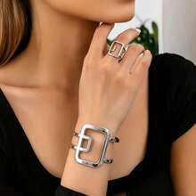 Set Gelang dan Cincin Perak Dua Lapis Geometris, Gelang Logam Gaya Dingin Minimalis, Perhiasan Tangan Serbaguna dan Dapat Disesuaikan - Perak - View 1