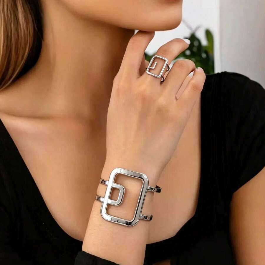 Set Gelang dan Cincin Perak Dua Lapis Geometris, Gelang Logam Gaya Dingin Minimalis, Perhiasan Tangan Serbaguna dan Dapat Disesuaikan - Perak - View 1