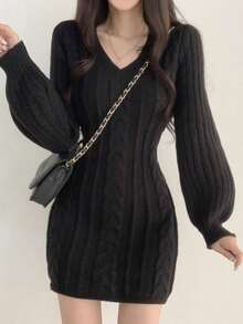 Autumn/Winter Vintage Elegant V-Neck Cable Knit Slim Fit Bodycon Mini Dress - Black - View 3