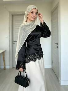 Women's Elegant Satin Long Sleeve Round Neck Top, Graceful Lace Patchwork Cuffs And Hem, Dubai Style Islamic Muslim Casual Wear, Autumn/Winter - Black - View 7