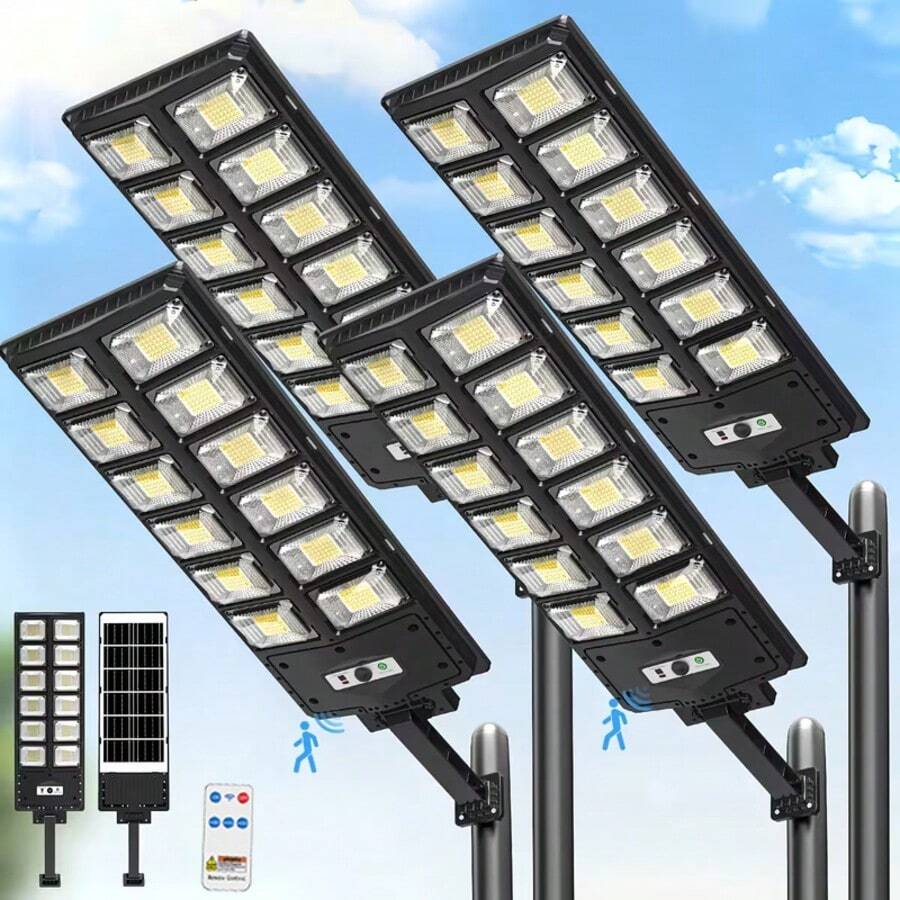 4/2/1pc Outdoor 504 LED Solar Street Light With Remote Control And Motion Sensor, 6500K/3000LM Dusk Solar Flood Light, 3*1500mAh/IP44 Waterproof, Adjustable 3 Lighting Modes Solar Wall Light, Suitable For Home Decor, Garden, Street, Patio, Garage