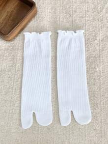 1/4 Pair Versatile Minimalist Vertical Striped Ruffle Edge Funny Pig Hoof Split Toe Mid-Calf Socks - Multicolor - View 15