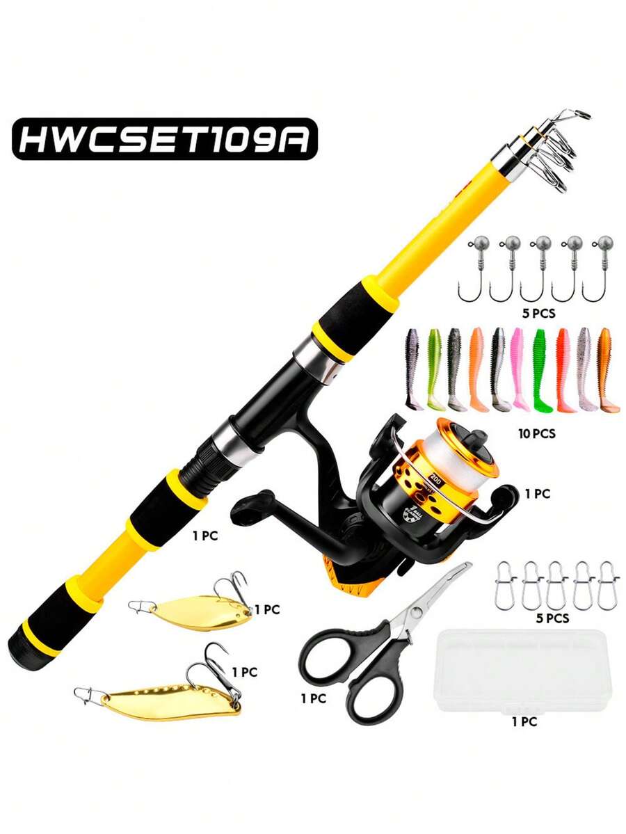 Telescopic Carbon Fiber Fishing Rod And Spinning Reel Set, Complete Portable Lightweight Fishing Tackle Kit With Fishing Line, Hooks And Bait, Suitable For Beginners Freshwater And Saltwater Outdoor Fishing - Multicolor - View 1