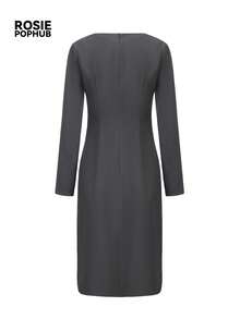 ROSIE POPHUB Women's Elegant Grey Midi Dress, Round Neck Ruched Waist Bodycon Dress With Side Slit, Formal Office Commuter Outfit For Fall Winter - Grey - View 10