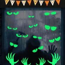 8 Pairs/Sheet Fluorescent Glow-In-The-Dark Halloween Window Decal Set, Removable Fluorescent Halloween Staircase Wall Decals, Suitable For Home Wall And Window Decoration, Halloween Eye Window Decals. - Multicolor - View 5