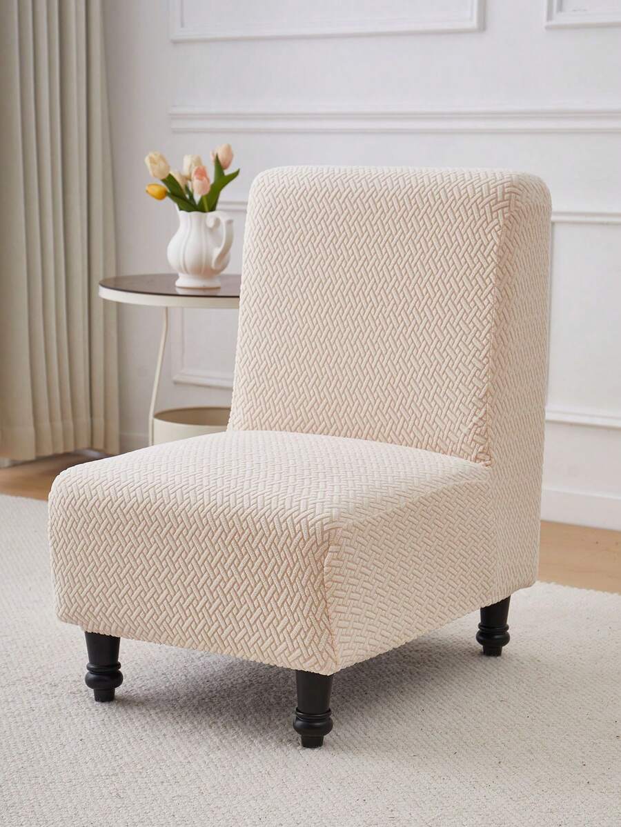 1pc Decorative Slipper Chair Cover Armless Fleece Elastic Spandex Removable Jacquard Armchair Sofa Cover With Armrests Washable Chair Protector Made Of Thick Jacquard Fabric Suitable For Restaurant Wedding Celebration Banquet And Party Decoration - Beige - View 1