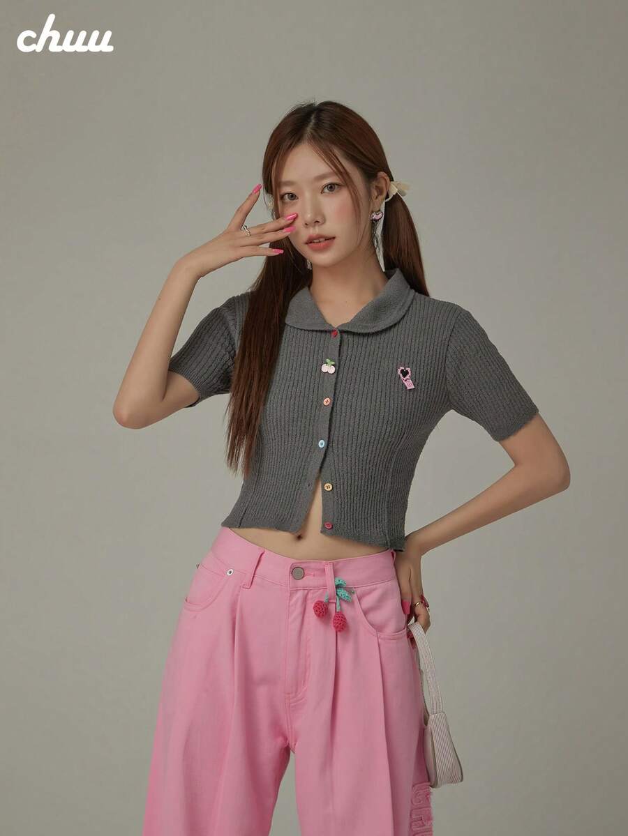 CHUU Rainbow Button Lapel Knit Sweater Women Spring Autumn Heart Embroidery Ribbed Slim Fit Minimalist Sexy Top - Grey - View 1