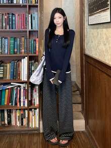 Y2K Autumn Korean Style Elegant Round Neck Button Contrast Color Versatile Soft Long Sleeve T-Shirt Top For Women - Navy Blue - View 3