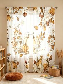 2PCS Autumn Semi‑Sheer Curtains, Retro White Rose Pumpkin Maple Leaf Print Light Filtering Drapes For Bedroom Living Room Fall Home Decoration,Fall Sheer Curtains - Multicolor - View 7