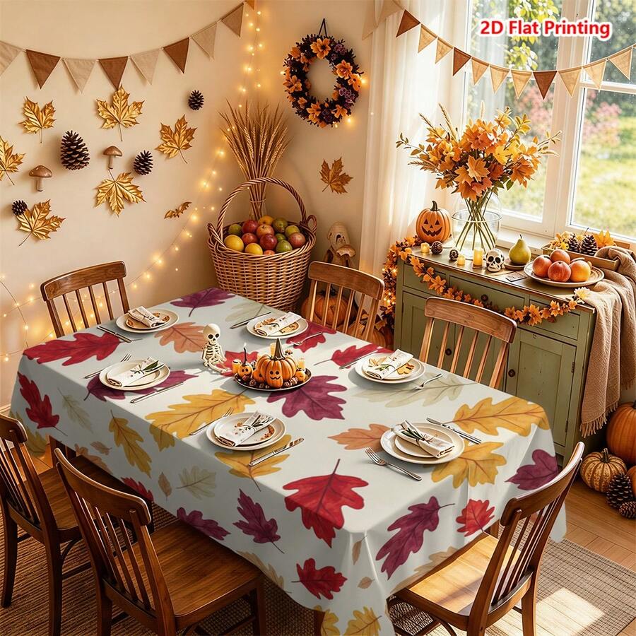 1/2pcs Autumn Tablecloth, Autumn Maple Leaf Watercolor Style Polyester Tablecloth Suitable For Dining Table, Kitchen, Coffee Table, Picnic, Camping, Country Farmhouse Decor, Holiday Tabletop Protection, Multi-Scenario Universal - Multicolor - View 1