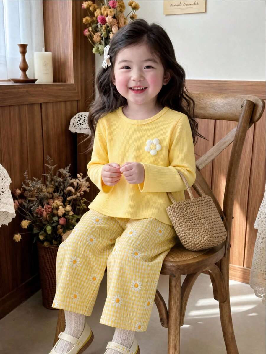 2pcs Baby Girl Casual Comfortable 3D Towel Embroidery Flower Decor Round Neck Long Sleeve Top & Daisy Print Plaid Straight Leg Pants Set, Spring/Autumn Lightweight - Yellow - View 1