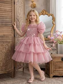 Young Girls Spaghetti Strap Beaded Sequin Organza Party Dress Suitable For Runway And Stage, Headband Not Included - Dusty Pink - View 1