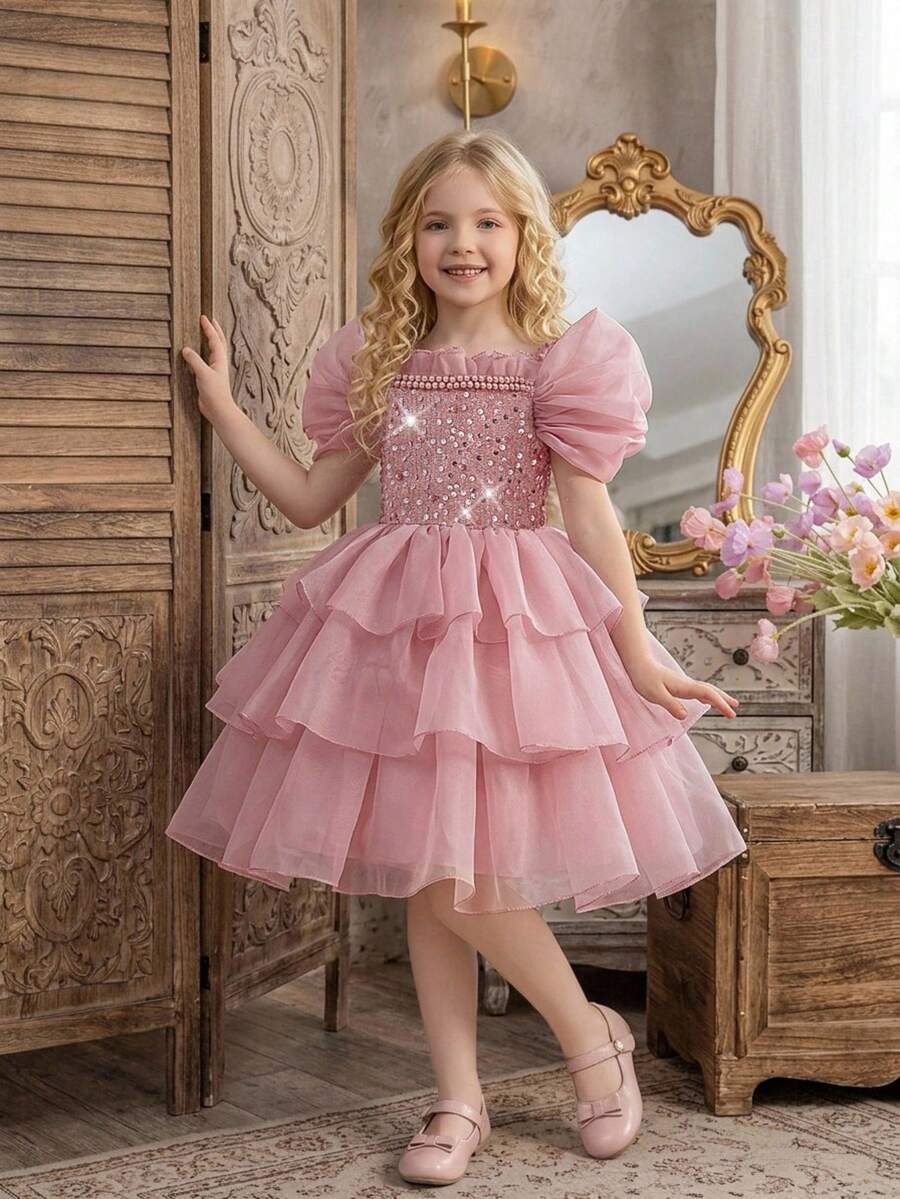 Young Girls Spaghetti Strap Beaded Sequin Organza Party Dress Suitable For Runway And Stage, Headband Not Included - Dusty Pink - View 1