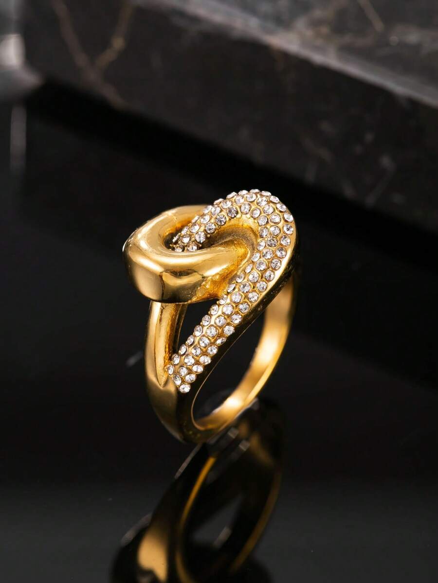 Women's Ring, Stainless Steel Cast With Rhinestone Inlay, 18K Gold Plated, 3D Design, Casual Daily Style, Women's Jewelry - Yellow Gold - View 1