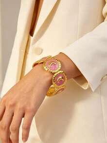 VceTd 1 Set Gentle Style Pink Enamel Moon Stainless Steel Women's Jewelry Set Suitable For Party Wear - Yellow Gold - View 3