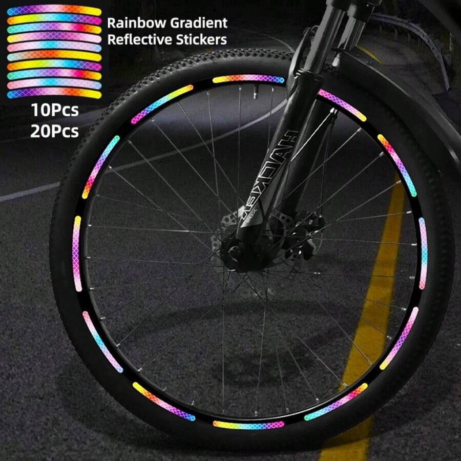 10/20pcs Self-Adhesive Bicycle Spoke Reflective Stickers, High Visibility Night Riding Safety Warning Tape, Rainbow Gradient & Solid Color Decorative Strips, Suitable For Bicycle, Balance Bike, Mountain Bike Helmet DIY Decoration - Multicolor - View 1