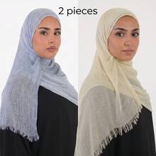 2pcs/Set Dirty Wash Arabic Hijab Thin Solid Color Lightweight Casual Long Scarf Suitable For Daily Use Riffeled Hijab - 1 Yellow 1 Blue - View 2