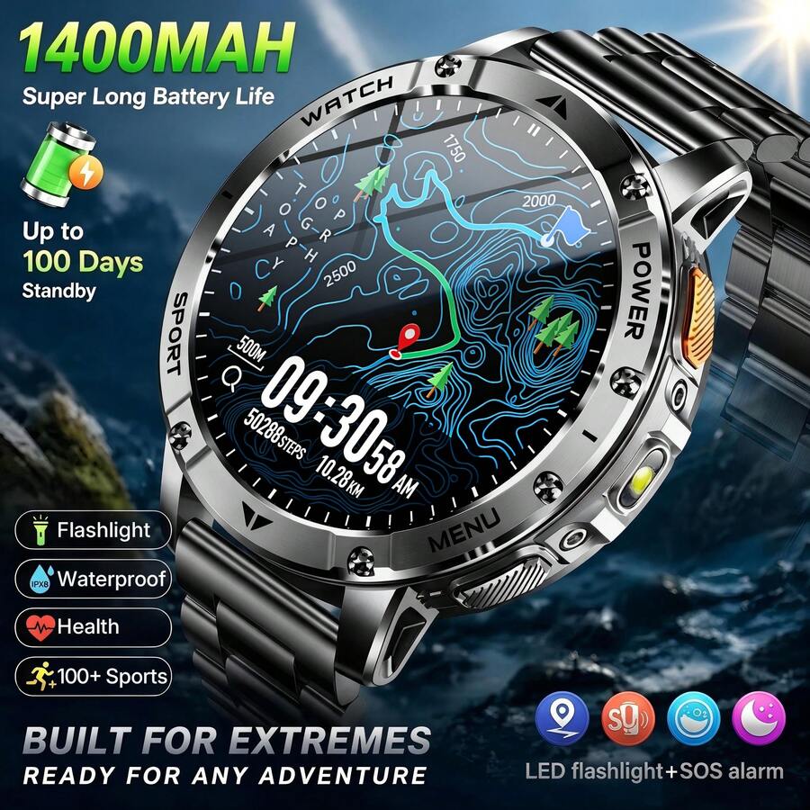 KENPANG 1400mAh Battery Men's Sports Smart Watch, Built-In Red & White Dual-Color LED Flashlight, IPX8 Waterproof, 100+ Sports Modes, Call & Answer, Message Notifications, 24-Hour Health Monitoring, 200+ Watch Faces, Sleep Tracking, Men's Fitness Tracker