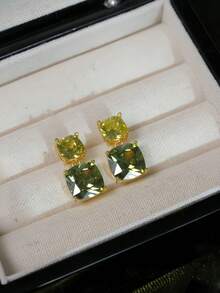 1 Pair Vintage Palace Style Dual-Color Square Rhinestone Stud Earrings, Gradient Olive Green Gemstone Stud Earrings, Suitable For Women's Daily Wear - Olive Green - View 4