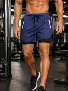 Men's 2-In-1 Sports Shorts, Reflective Print, Breathable And Comfortable, Suitable For Gym Workout, Running, Outdoor Sports - Navy Blue - View 2