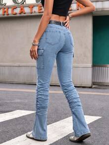 Jeans Skinny Bertumpuk Pinggang Sedang Warna Terang, Desain Detail Kerut, Banyak Saku, Gaya Busana Kasual Seksi - Light Wash - View 5