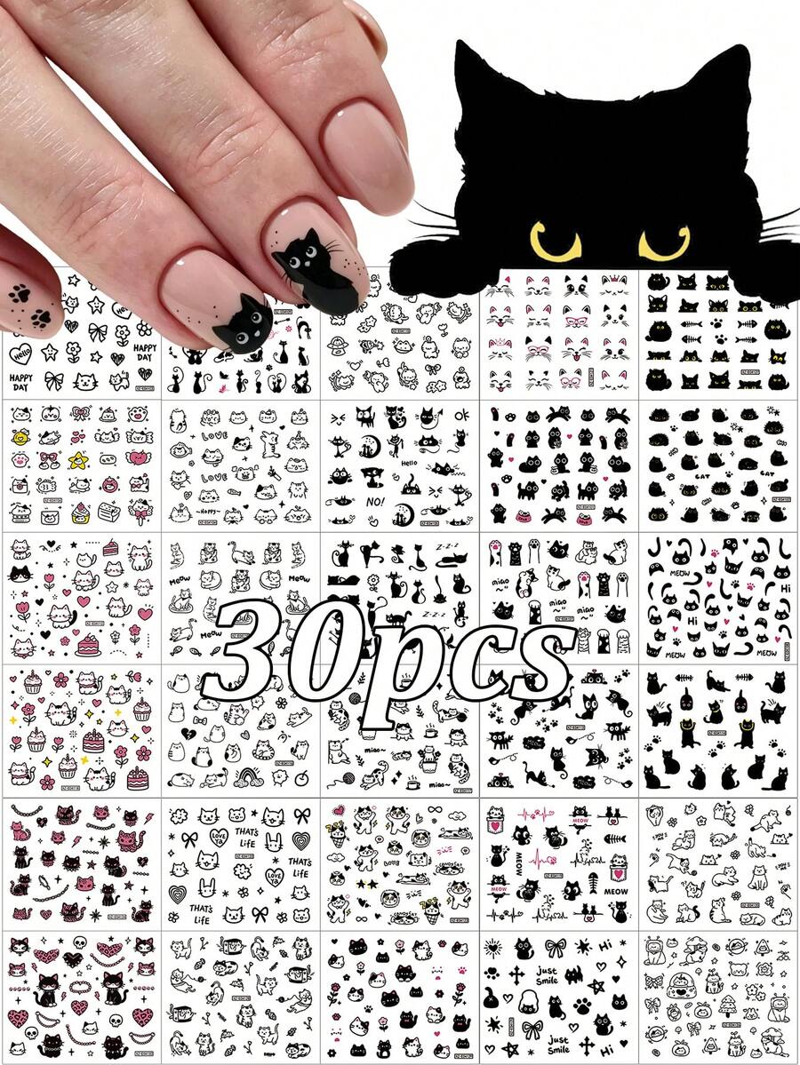 30pcs 3D Black Cat Cartoon Nail Stickers Set Multiple Expressions Line Kitten Flower Cake Self Adhesive Nail Decals Kawaii Graffiti Manicure Sliders