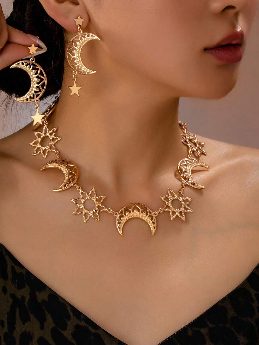 Juego de 3 piezas de collar y pendientes con colgante exagerado vintage elegante de estrella & luna, joyería de moda para mujeres, adecuado para Ramadán, fiestas, banquetes y uso diario - Amarillo Oro - Ver 1