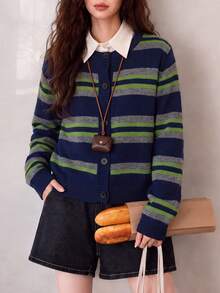 Women's Autumn/Winter Casual Minimalist Classic Retro Striped Round Neck Cardigan Jacket Fall - Navy Blue - View 4