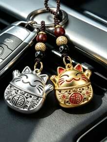 1pc Lucky Cat Charm Pendant Necklace, Traditional Craftsmanship Wealth & Good Luck Metal Charm, Engraved Good Luck Jewelry, Dual-Use Keychain, Unisex Gift - Multicolor - View 3