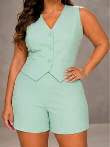 Tailored Suit, Charlotte Plus Size, Shorts + Vest - Mint Green - View 3