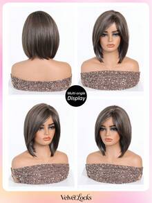 [Velvet Locks] Soft Heat-Resistant Layered Straight Side Part Bob Brown Highlights 12-Inch Synthetic Wig For Women For Elegant Daily Party - 挑染白色 - 查看 8