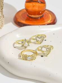 Bộ 4 nhẫn kim loại xếp chồng phong cách INS cho nữ, nhẫn đính đá rhinestone hình trái tim LOVE và hình sao phối ngọc trai giả, thời trang đa năng - Vàng - Xem 4
