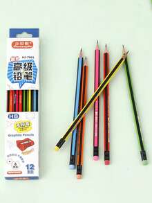 4/12pcs Multi-Color Striped HB Pencils With Eraser + 1 Random Color Pencil Sharpener, Hexagonal Pencils, Break-Resistant, Student Learning And Exam Pencils, Student Stationery Pencil Set, Back To School Supplies - Default - View 5