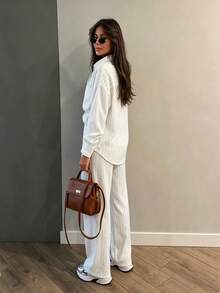 Chic Women's Striped Two Pieces Set Long Sleeve Shirt Collar Top And Matching Wide-Leg Pants, Perfect For A Relaxed Yet Polished Everyday Style - White - View 2