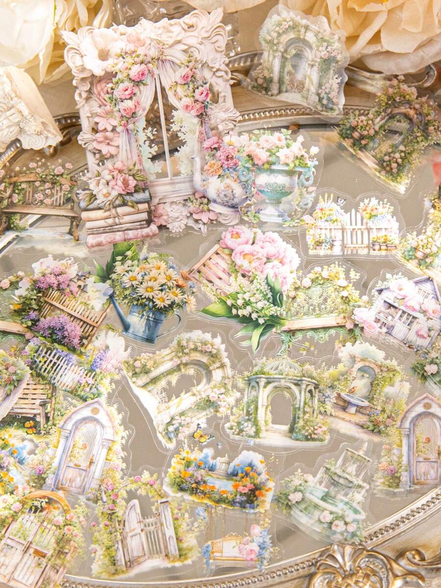 40pcs Manor Floral Theme Planner Stickers, European Vintage Creative Aesthetic Decals, Scrapbook Collage Album DIY Decoration, Holiday Gift, Personalized Scrapbook School Stationery Supplies - Garden Affair - View 1