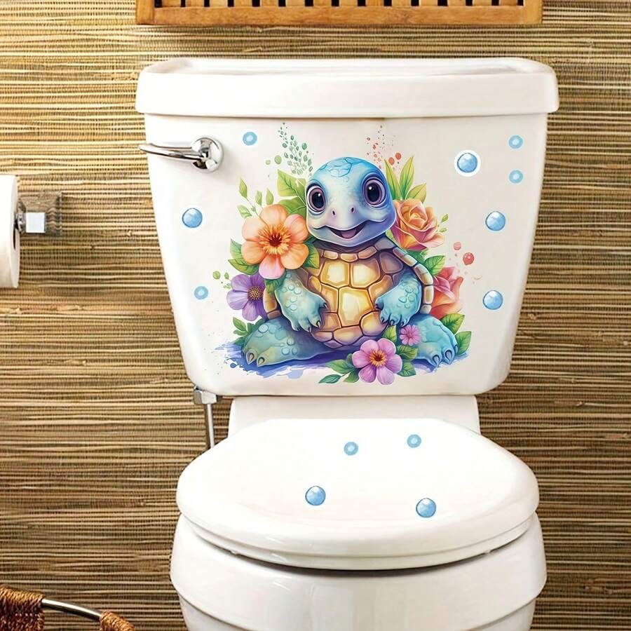 1pc Watercolor Style Ocean Dolphin & Turtle Toilet Lid Sticker, PVC Waterproof Removable Wall Decal, Creative Bathroom Toilet Decor - one-size - View 1