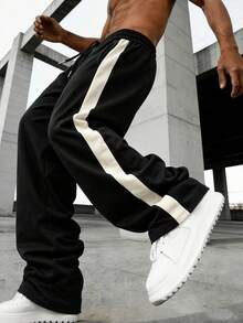 SU ER Men's Summer Casual Drawstring Elastic Waist Loose Drapey Lazy Wide Leg Long Pants - Black - View 3