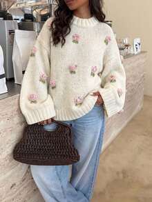 Fashion Women's Knitted Long Sleeve Pullover Sweater, Decorated With 3D Rose Pattern, Suitable For Spring And Autumn - Apricot - View 1