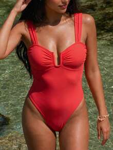 HOTTIE HABIT Women's Red U-Neck Ruched Bust Wide Strap One-Piece Swimsuit, High Cut Solid Color One-Shoulder Swimwear, Suitable For Summer Beach Pool Vacation - Red - View 8