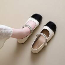Women's Two-Tone Mary Jane Flats, Pearl Strap Square Toe Casual Shoes, Suitable For Daily Commute, Dating And Leisure Outings - Beige - View 2