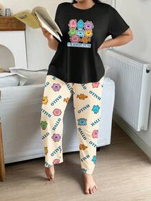 Plus Size Women's Casual Wearable Loungewear Pajama Set, Cute Quirky Cartoon Monster Print Short Sleeve Top & All-Over Print Long Pants 2-Piece Pajama Set - Black - View 3