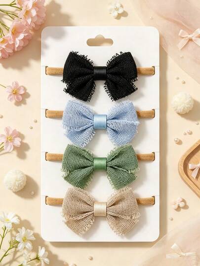 4pcs/Set Cute Linen Bow Thin Headbands For Baby Girls, Suitable For Daily Wear, Perfect Gift For Girls (Paper Card Not Included)
