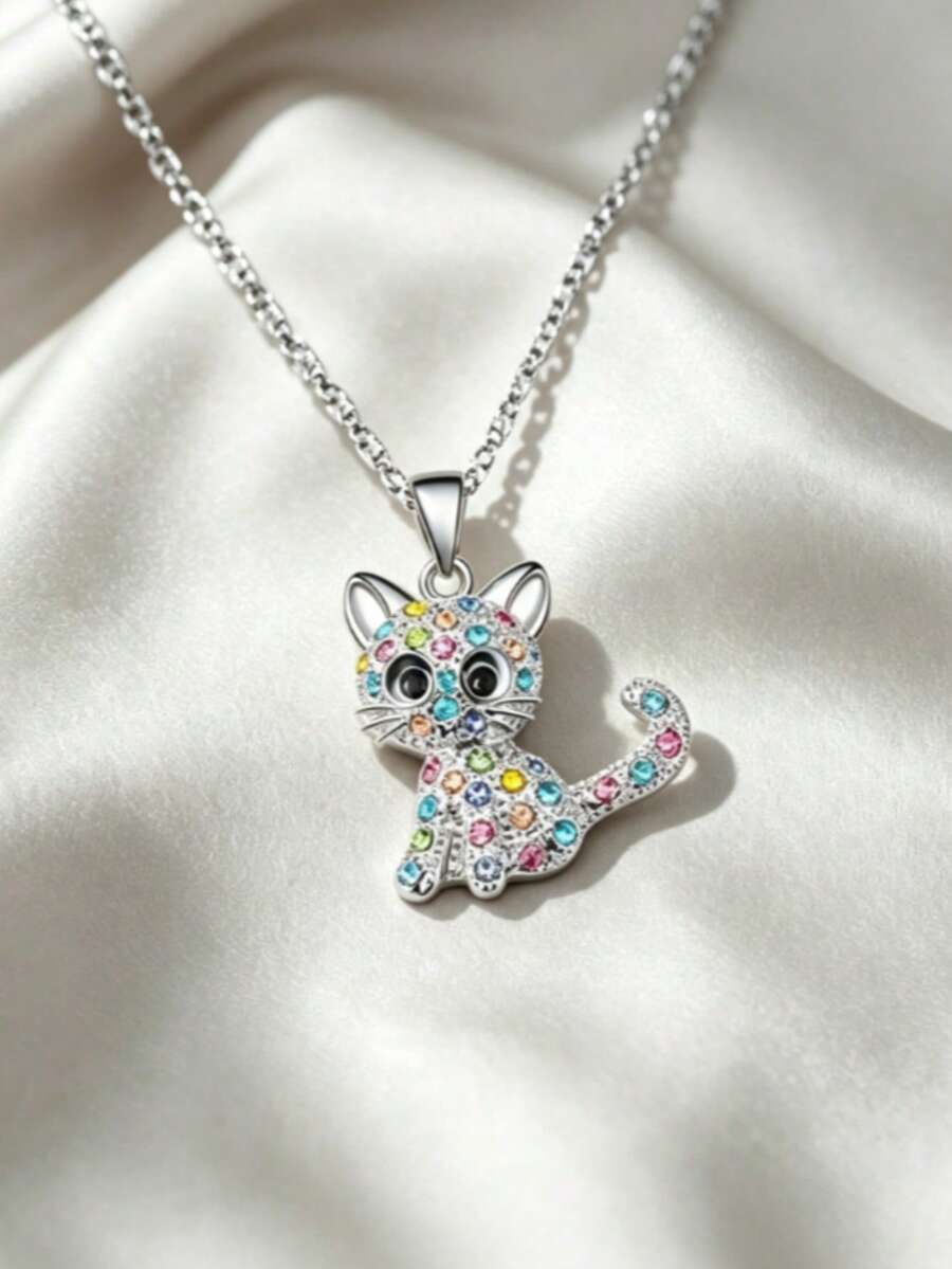 Rainbow Rhinestone Cat Pendant Necklace, Polished Silver Tone Kitten Pendant Necklace, Perfect For Women And Young Girls, Cute Animal Style Jewelry - Multicolor - View 1