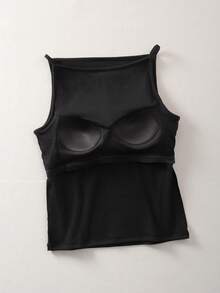 White Jersey Square Neck Padded Camisole,Built-In Chest Pad Thin Strap Form Fitting Tank Top,Convenient No Underwire Basic Layering Top Matching Jeans - Black - View 8