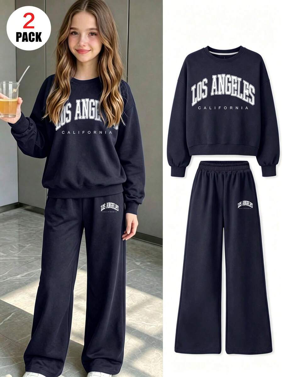 2pcs Girls Casual Set, Includes "LOS ANGELES" Crew Neck Sweatshirt + Casual Long Pants, Soft And Comfortable, Suitable For Autumn/Winter Wear - Navy Blue - View 1
