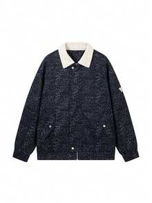 American Style Lamb Wool Lapel Patchwork Jacket Coat, Vintage Dark Pattern Design, Spring/Autumn Fashion Streetwear For Men And Women - Blue - View 2