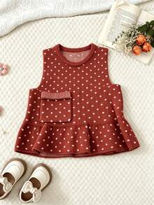 WUHUANG YIYI 2pcs/Set Girls Cute Round Neck Solid Color Polka Dot Pattern Pocket Decor Ruffle Hem Tank Top And Pants Set Loose Fit Casual Daily Outing Autumn - Red - View 3
